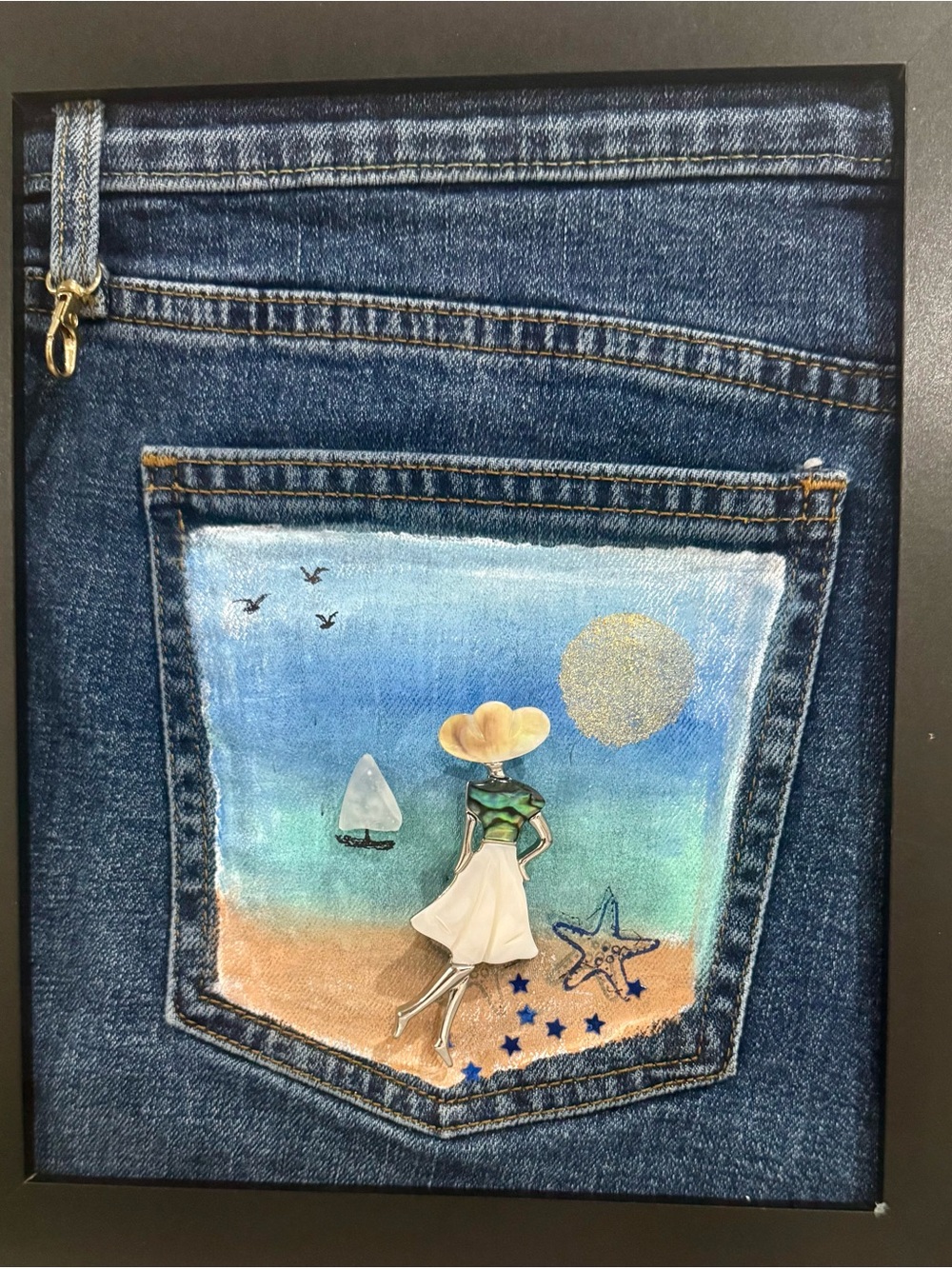 Hand Crafted Blue Denim Coastal Pocket Mixed Media Art - Picture 3 of 4